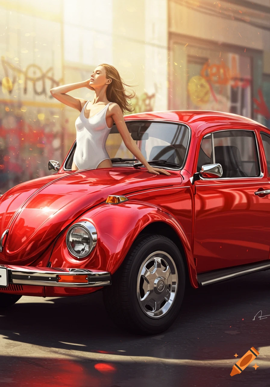 A woman in a white leotard leans on a shiny red vintage Volkswagen Beetle on a sunny street with graffiti in the background.