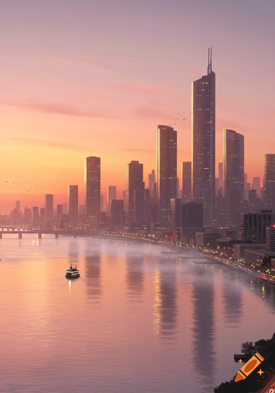 A modern city skyline with tall buildings reflected in a river at a vibrant sunset, with a boat on the water.
