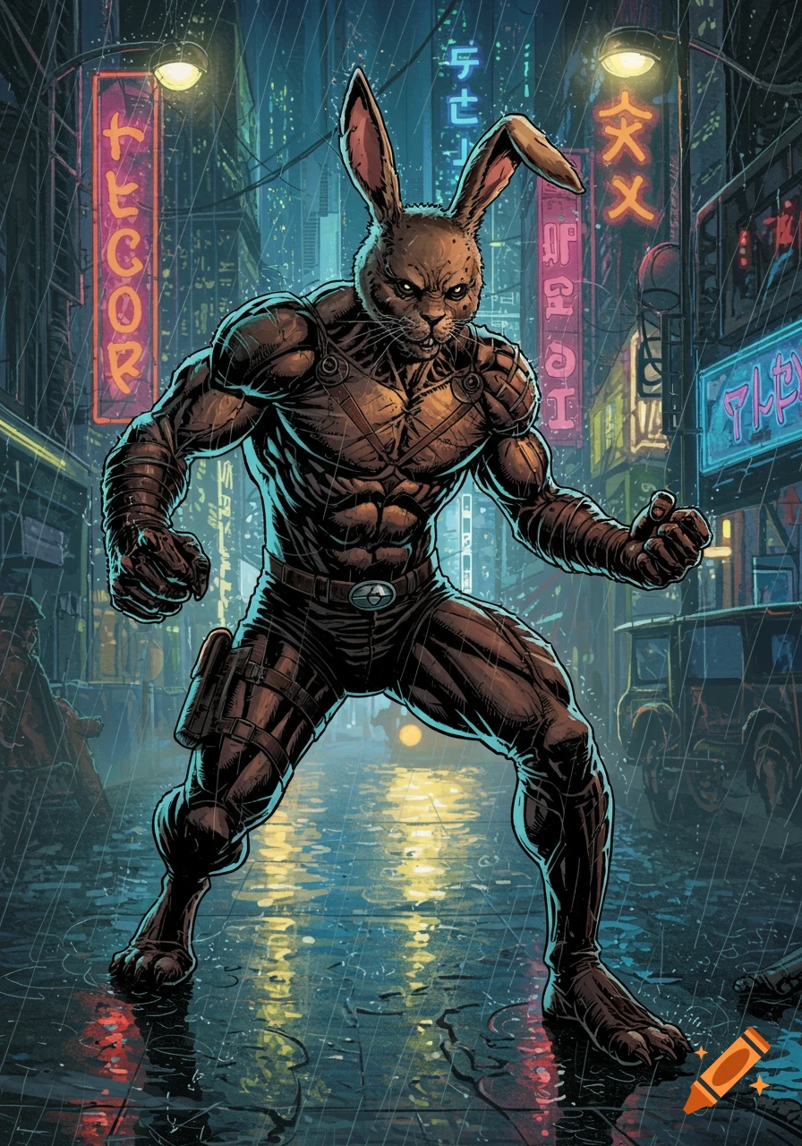 A muscular anthropomorphic rabbit-headed superhero in a dynamic pose stands on a rainy neo-punk city street, illuminated by vibrant neon signs in a comic book style.