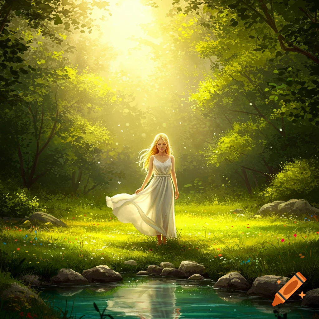 A blonde woman in a flowing white dress stands in a vibrant, sunlit forest clearing with a stream in the foreground.