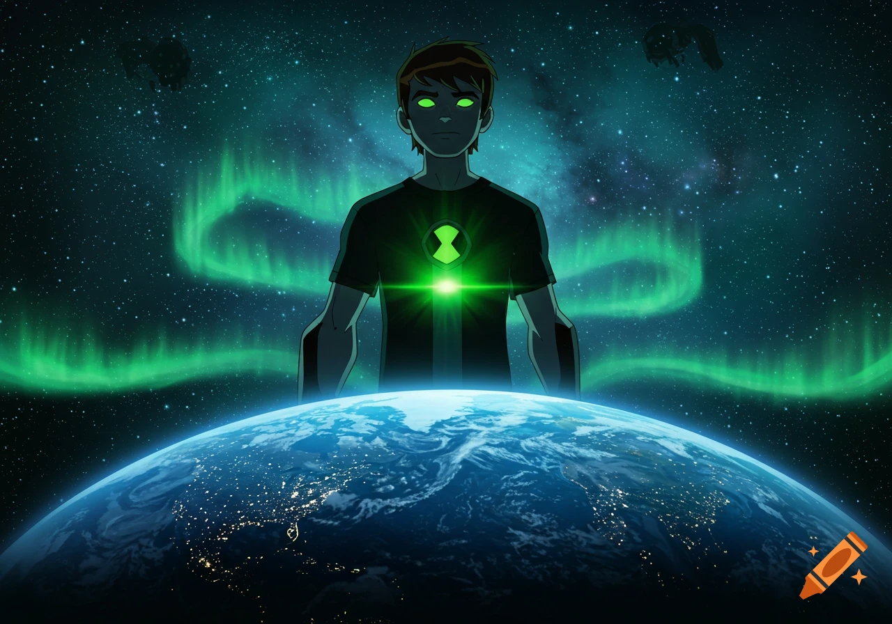 Animated Ben Tennyson with glowing green eyes and an Omnitrix symbol, looming over Earth with green aurora and stars in space.