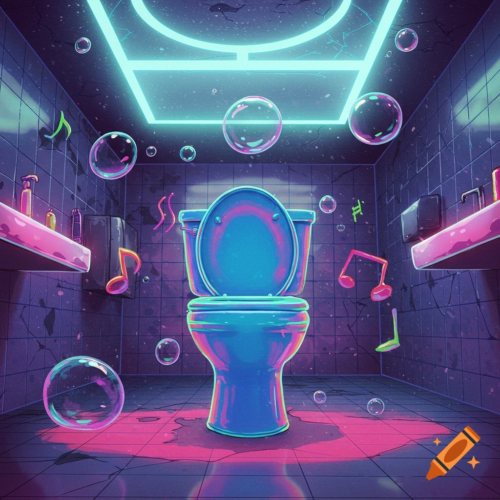 A vibrant, neon-lit bathroom featuring a blue toilet, floating bubbles, and musical notes in a vaporwave style.