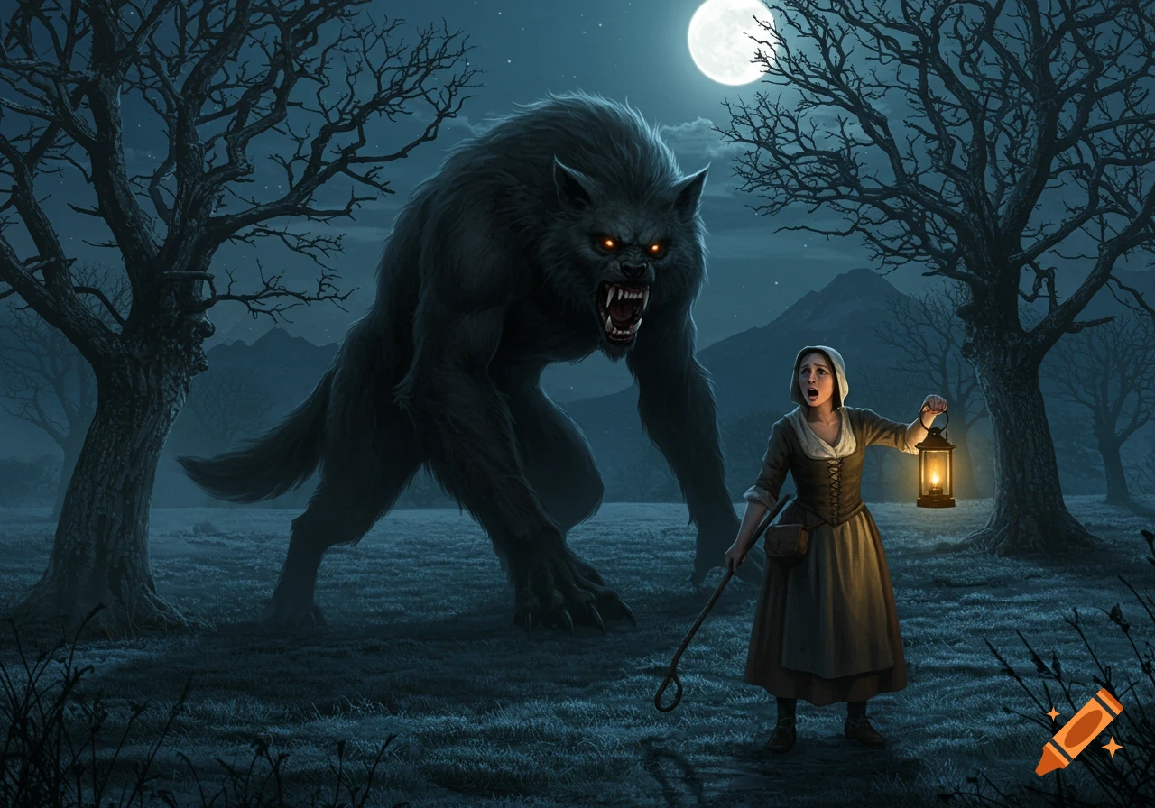 A massive, dark werewolf with glowing eyes lunges at a terrified shepherdess holding a lantern in a dark, moonlit forest, a realistic dark fantasy illustration.