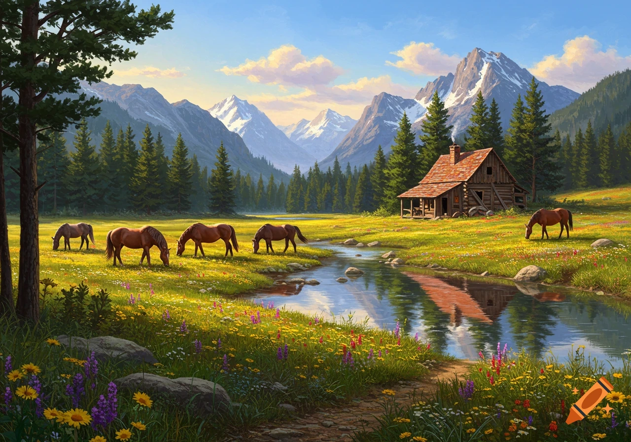 A beautiful mountain landscape features a wooden cabin and a stream, with horses grazing in a wildflower meadow.