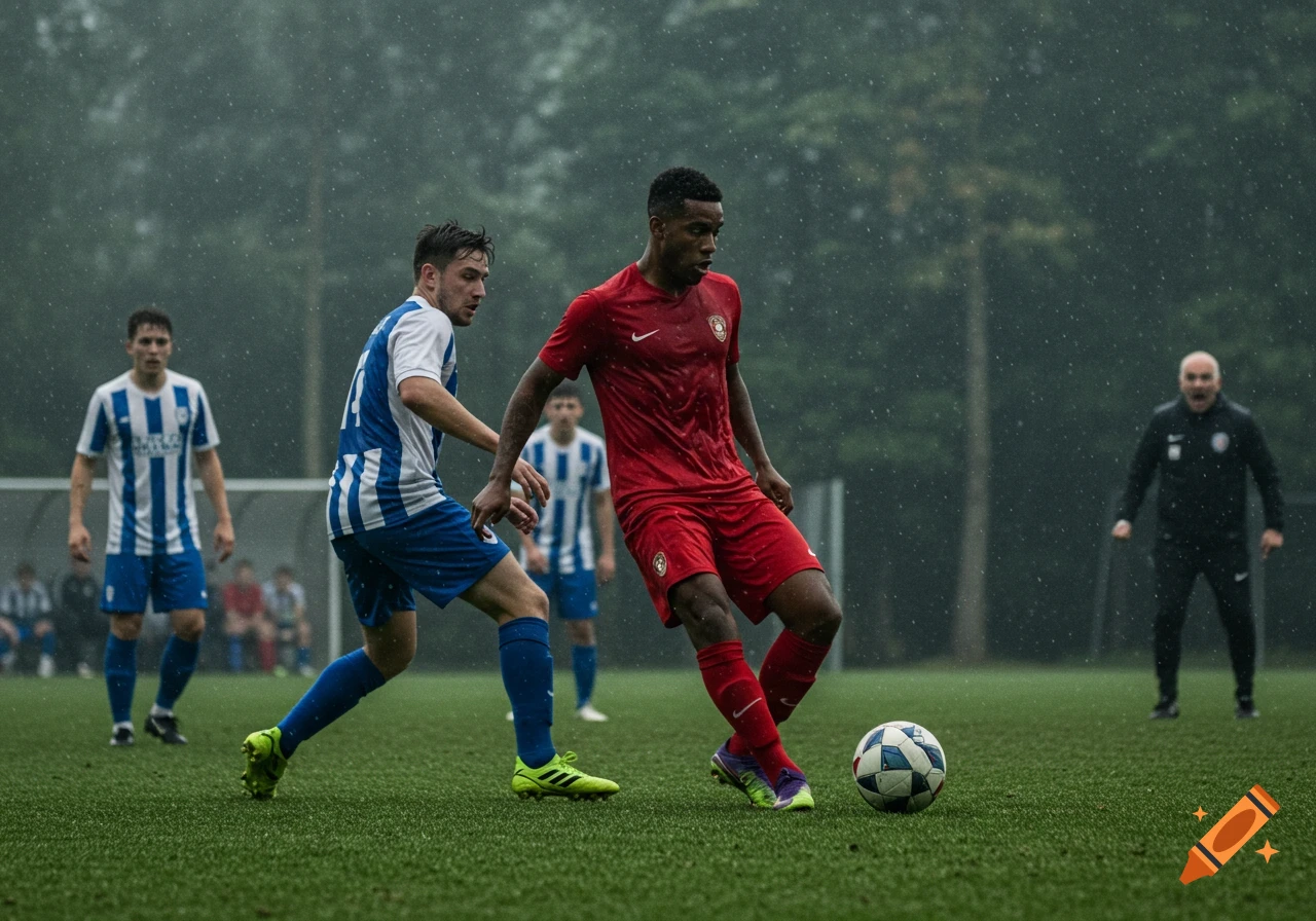 A photorealistic image of soccer players on a green field in the rain, with one player in a red jersey dribbling past an opponent in a blue and white striped jersey.