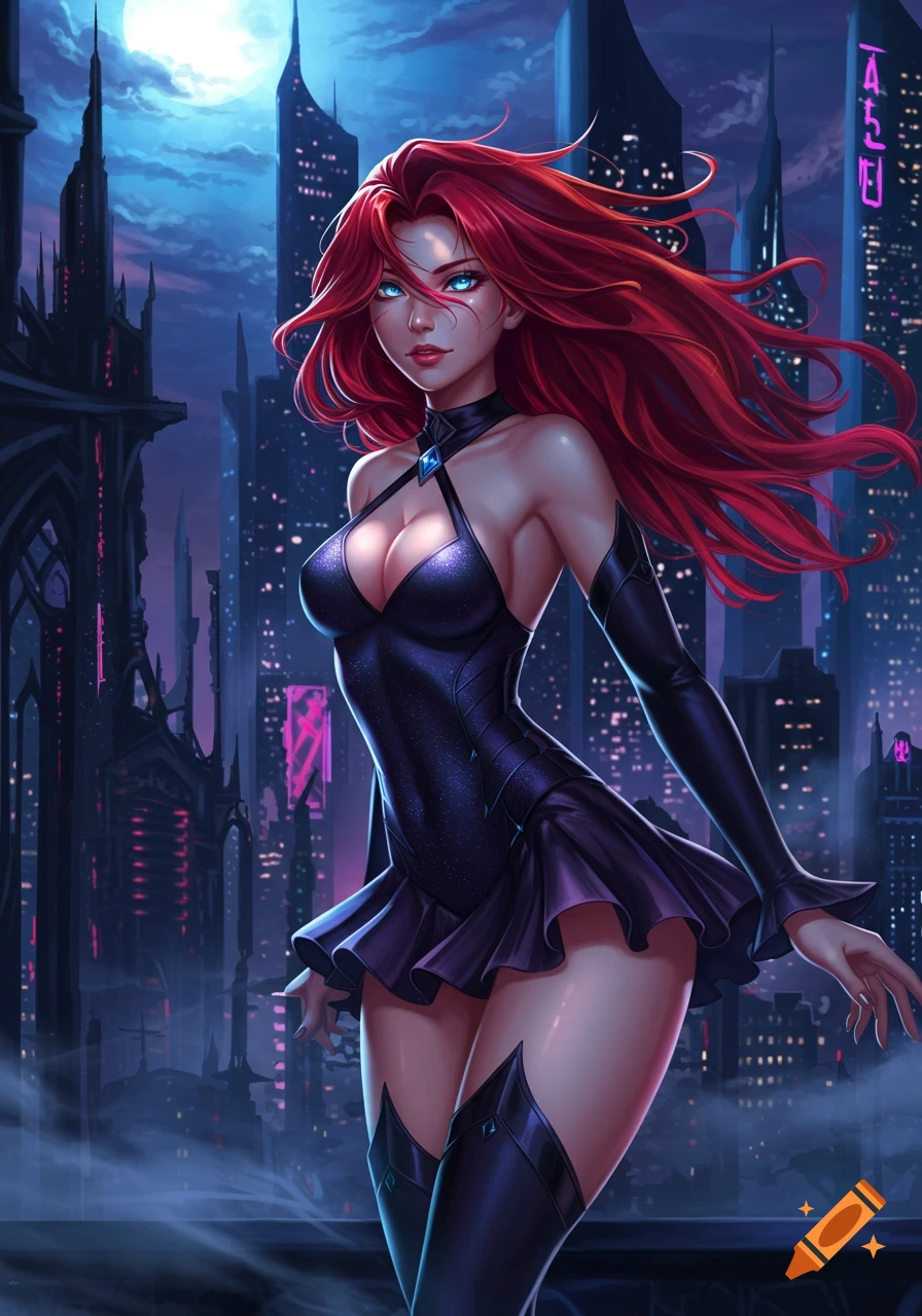 Red-haired anime woman in a dark mini-dress poses against a futuristic city skyline at night.