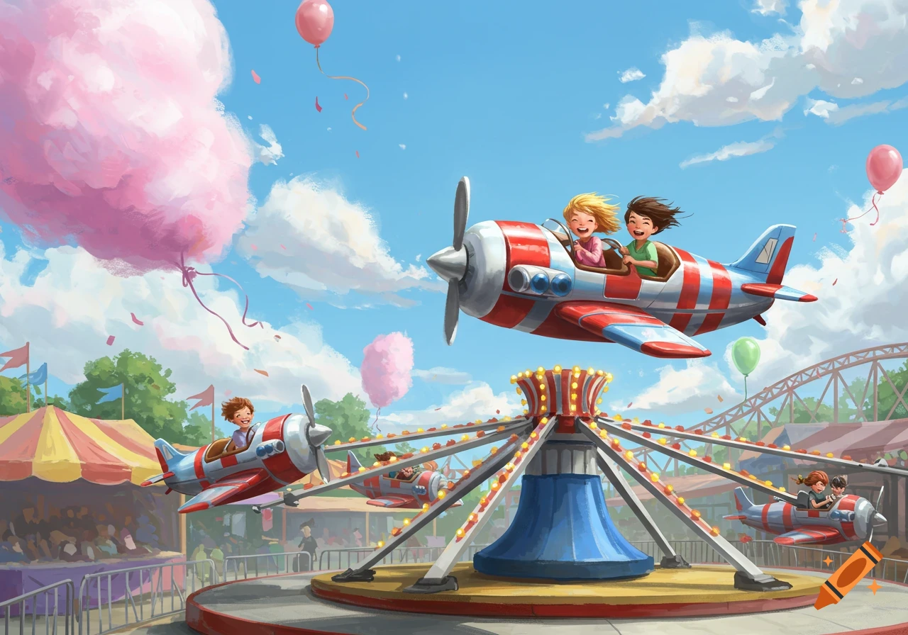 Vibrant illustration of happy children riding a spinning airplane ride at a sunny amusement park with cotton candy clouds.