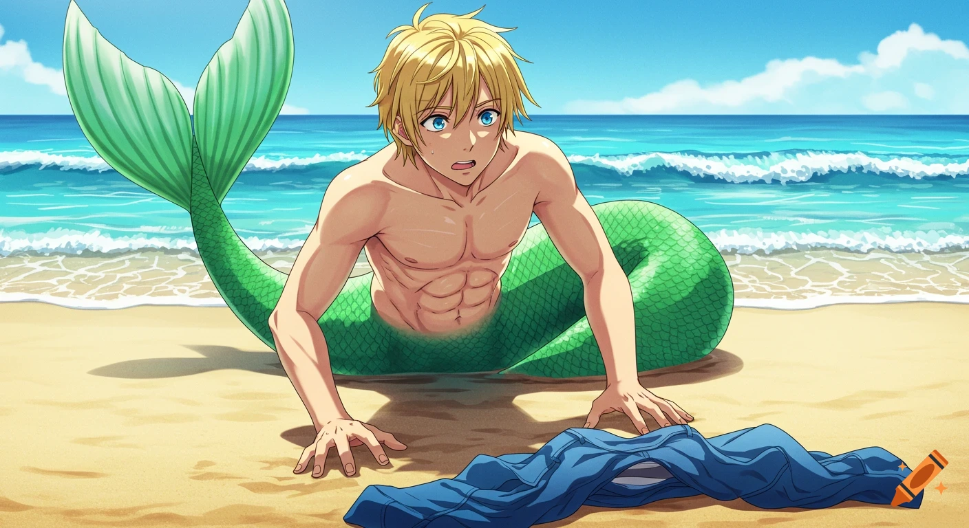 An anime-style blond male merman with a green tail crawls frantically on a beach towards blue jeans.