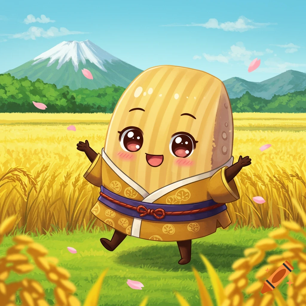 A cute rice grain mascot in a kimono stands in a golden rice field with Mount Fuji and falling pink petals, cartoon style.