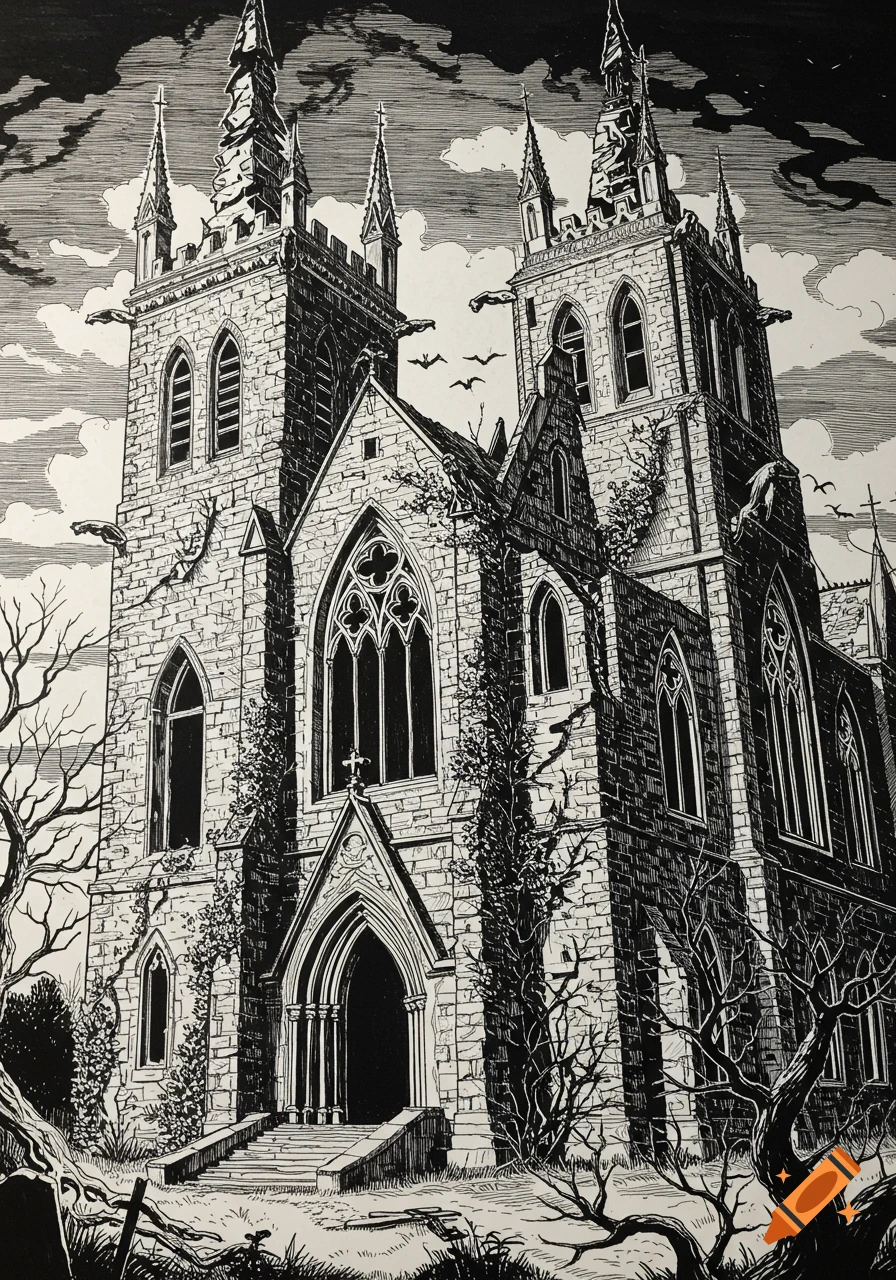 Black line drawing of a creepy gothic church with two spires, bare trees, and bats under a dark sky.