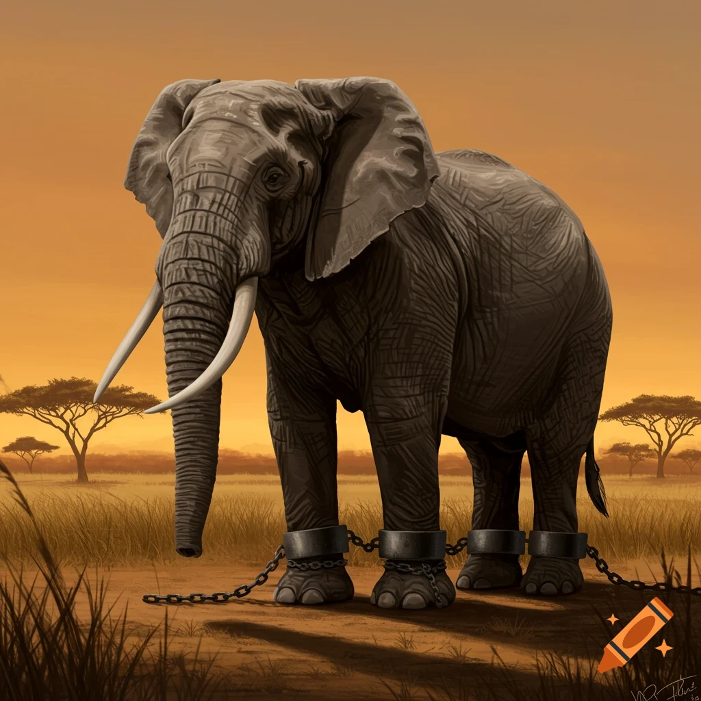 A digital painting shows a large elephant with shackles and chains on its ankles, standing in a golden savanna at sunset.