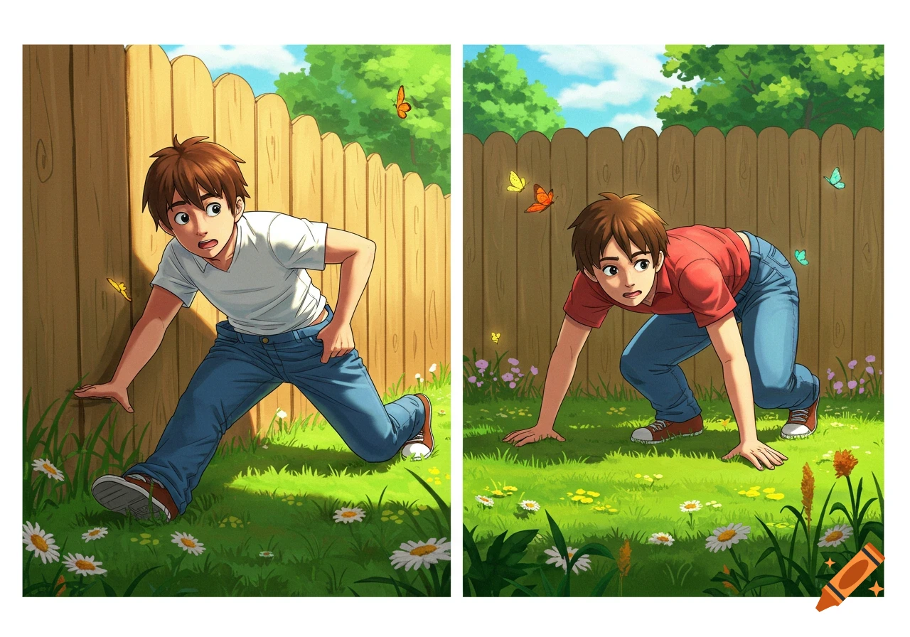 An anime boy in blue jeans and a t-shirt crawls through a wooden fence in a sunny backyard with grass, flowers, and butterflies.