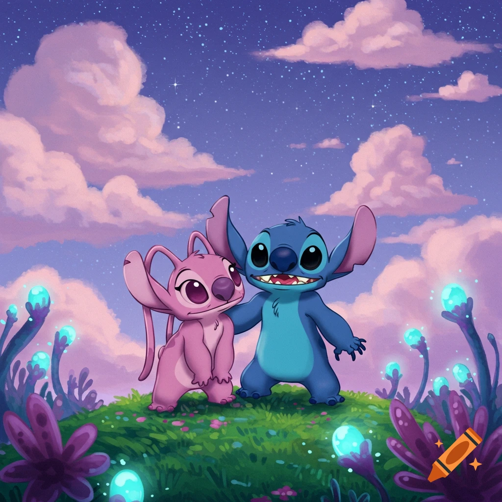 Cartoon illustration of blue Stitch and pink Angel standing on a grassy alien hill with glowing plants under a starry night sky with pink clouds.