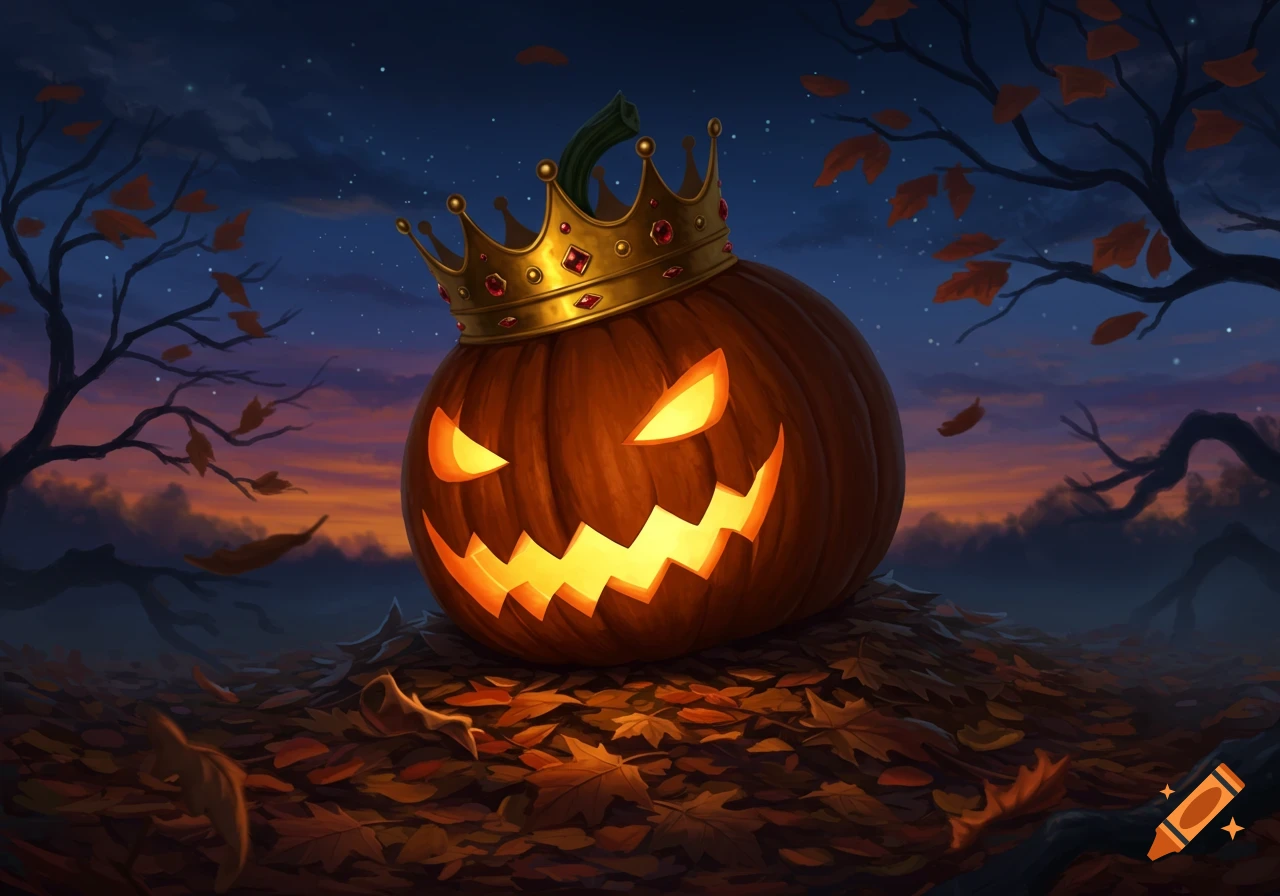 A glowing jack-o'-lantern with a golden crown sits on autumn leaves under a twilight sky with bare trees.