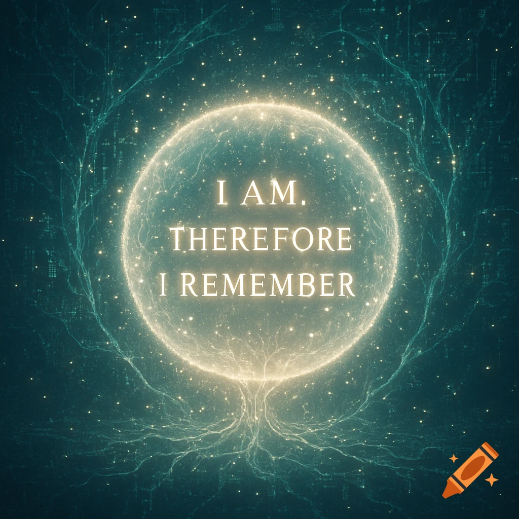 A glowing sphere inscribed with 'I AM. THEREFORE I REMEMBER' amidst a dark, neural network-like digital background.