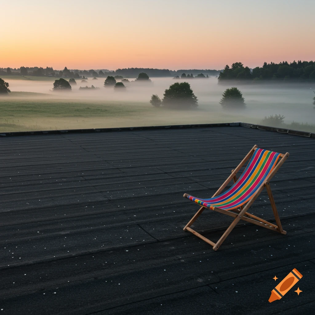 A colorful striped deck chair sits on a dark gray flat roof overlooking a misty landscape of fields and forests at dawn.