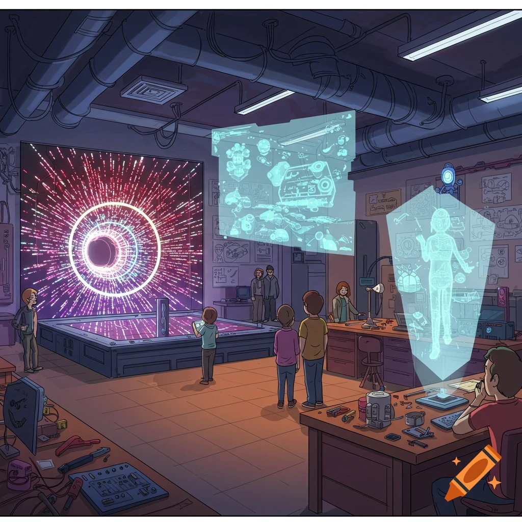 A comic-style illustration of a futuristic makerspace with people observing a large infinity mirror display and interacting with holographic projections.
