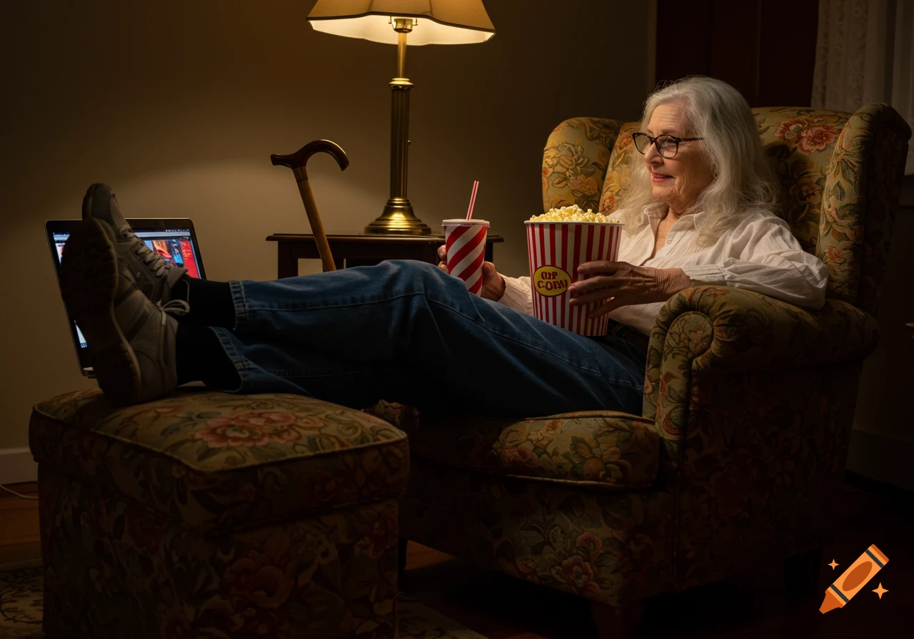An elderly woman with grey hair relaxes in an armchair, feet up on a stool, watching a laptop, holding a bucket of popcorn and a drink.