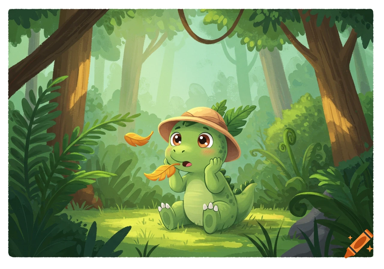 A cute green baby dinosaur wearing a brown explorer hat sits in a lush jungle, looking surprised with a leaf in its mouth and another leaf floating by.