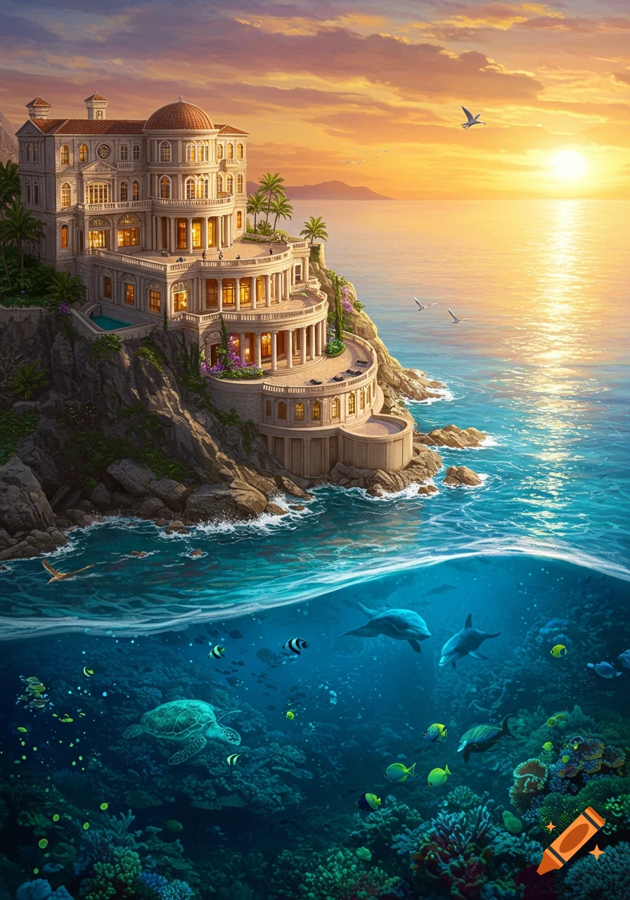 A grand mansion on a cliff overlooks a vibrant ocean at sunset, with diverse marine life and coral visible underwater.