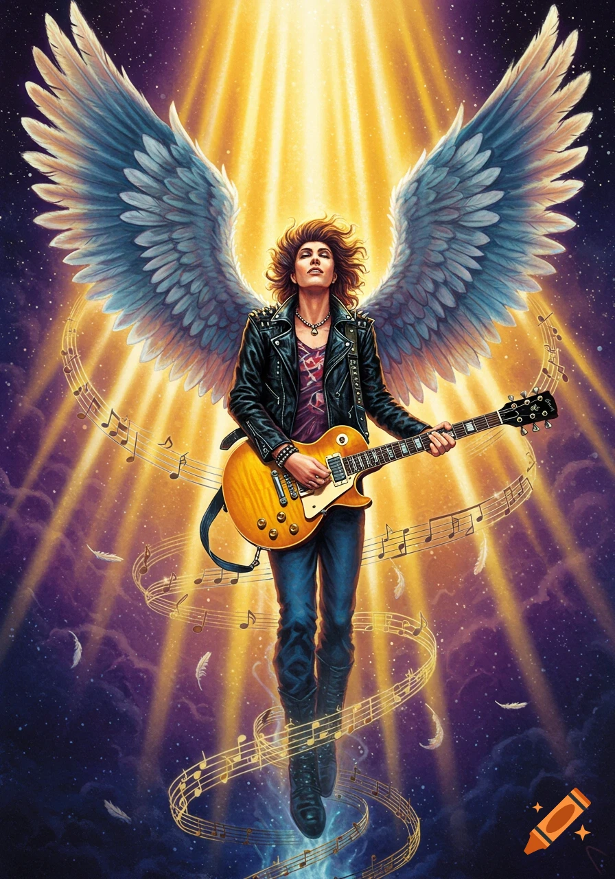 A rock and roll angel with large feathered wings plays a yellow Les Paul guitar, ascending through celestial light and swirling musical notes.