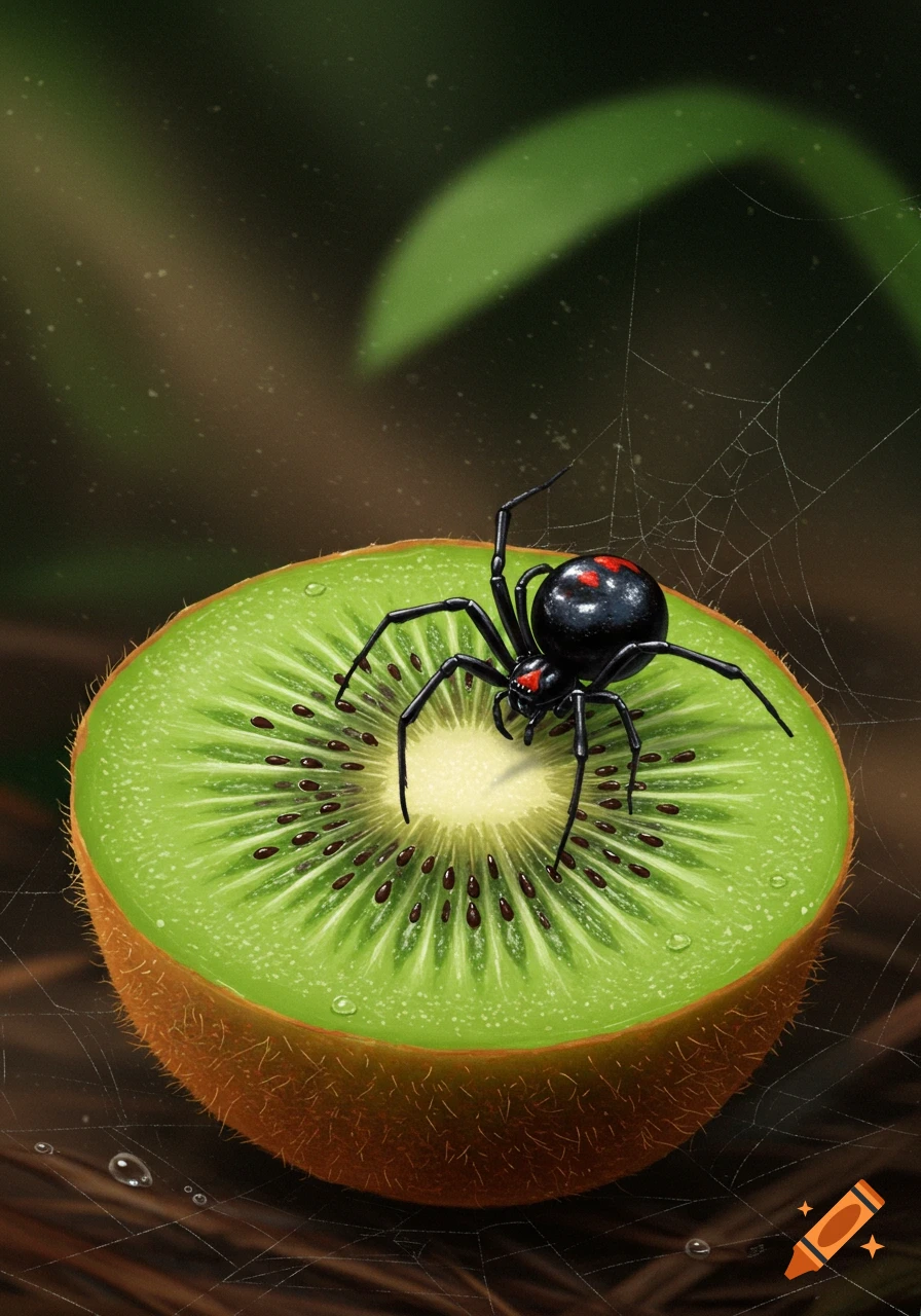 A photorealistic image of a black widow spider with red markings on its abdomen, resting on a half-cut kiwi fruit with a delicate spiderweb.