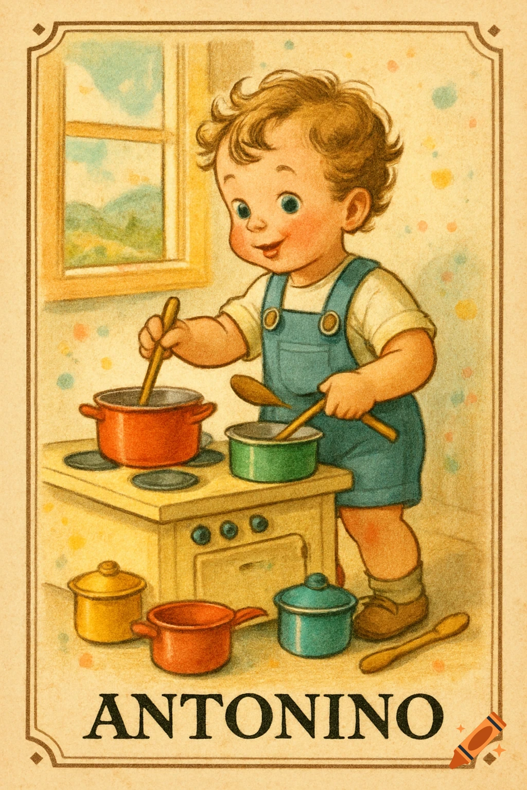 A vintage illustration of a child in overalls stirring pots on a toy stove, with "ANTONINO" written below.