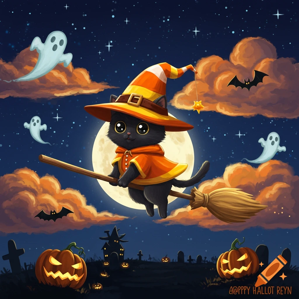 Cute black cat dressed as a candy corn witch flying on a broom through a starry Halloween night sky with pumpkins and ghosts.