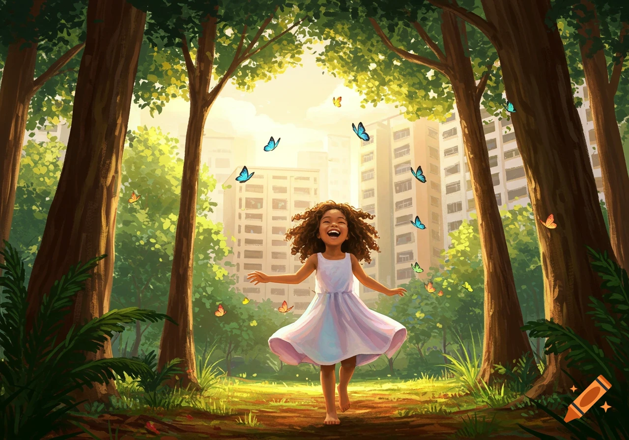 A happy girl with curly hair runs barefoot in a sunlit forest, surrounded by butterflies, with city buildings in the background. Digital art.