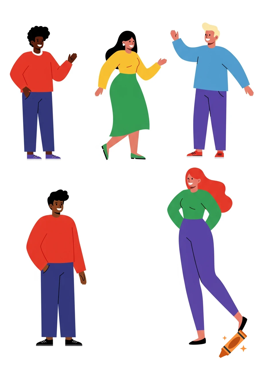 Five diverse cartoon people in various poses and colorful clothes, standing apart on a white background.