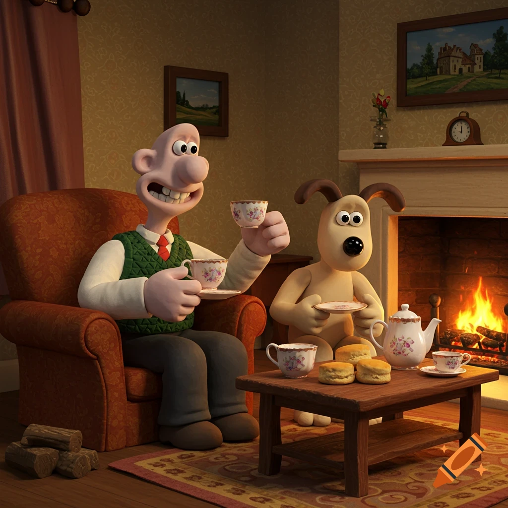 Wallace and Gromit drinking tea in a cozy living room by a fireplace, with tea and scones on a table.
