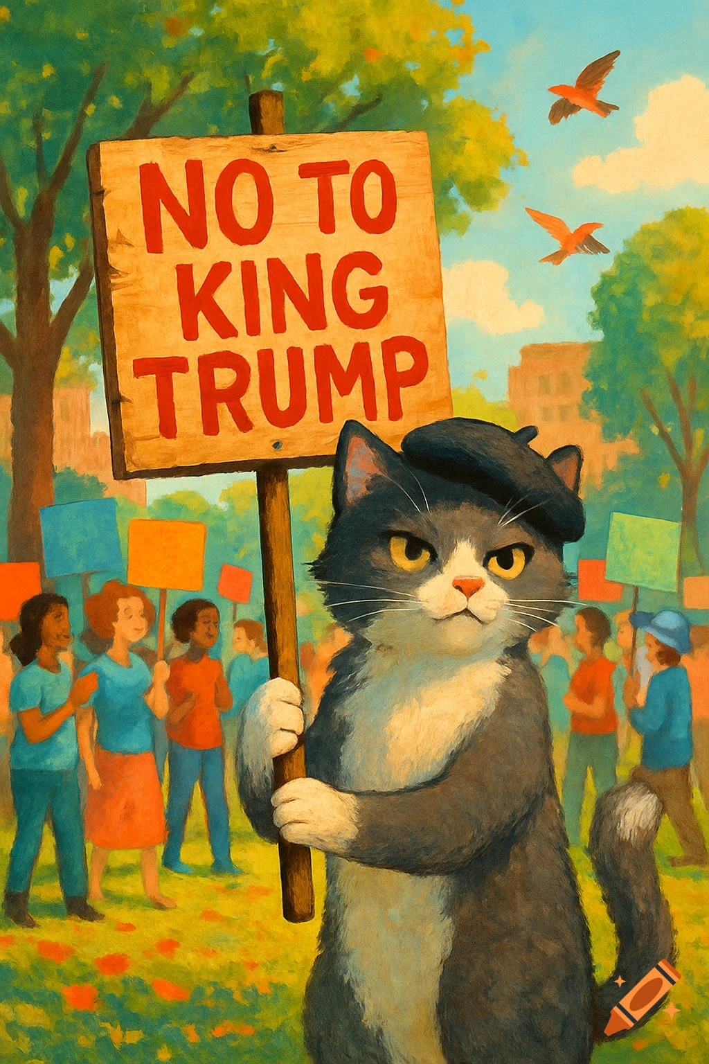 A gray and white cat wearing a beret holds a protest sign that reads "NO TO KING TRUMP" at a rally, painterly style.