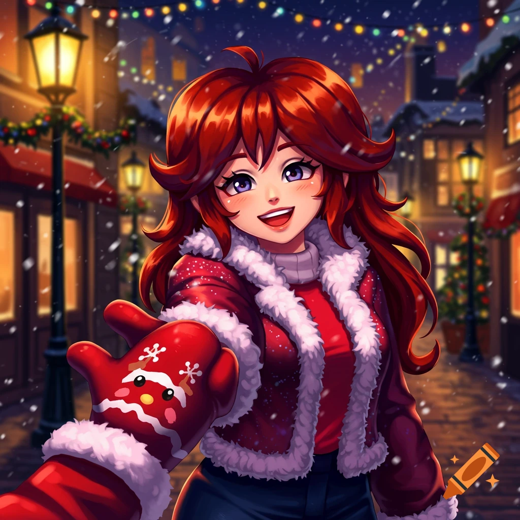An anime girl with red hair, wearing a red and white fur-lined winter coat, smiles while holding out a festive red mitten in a snowy, decorated street at night.