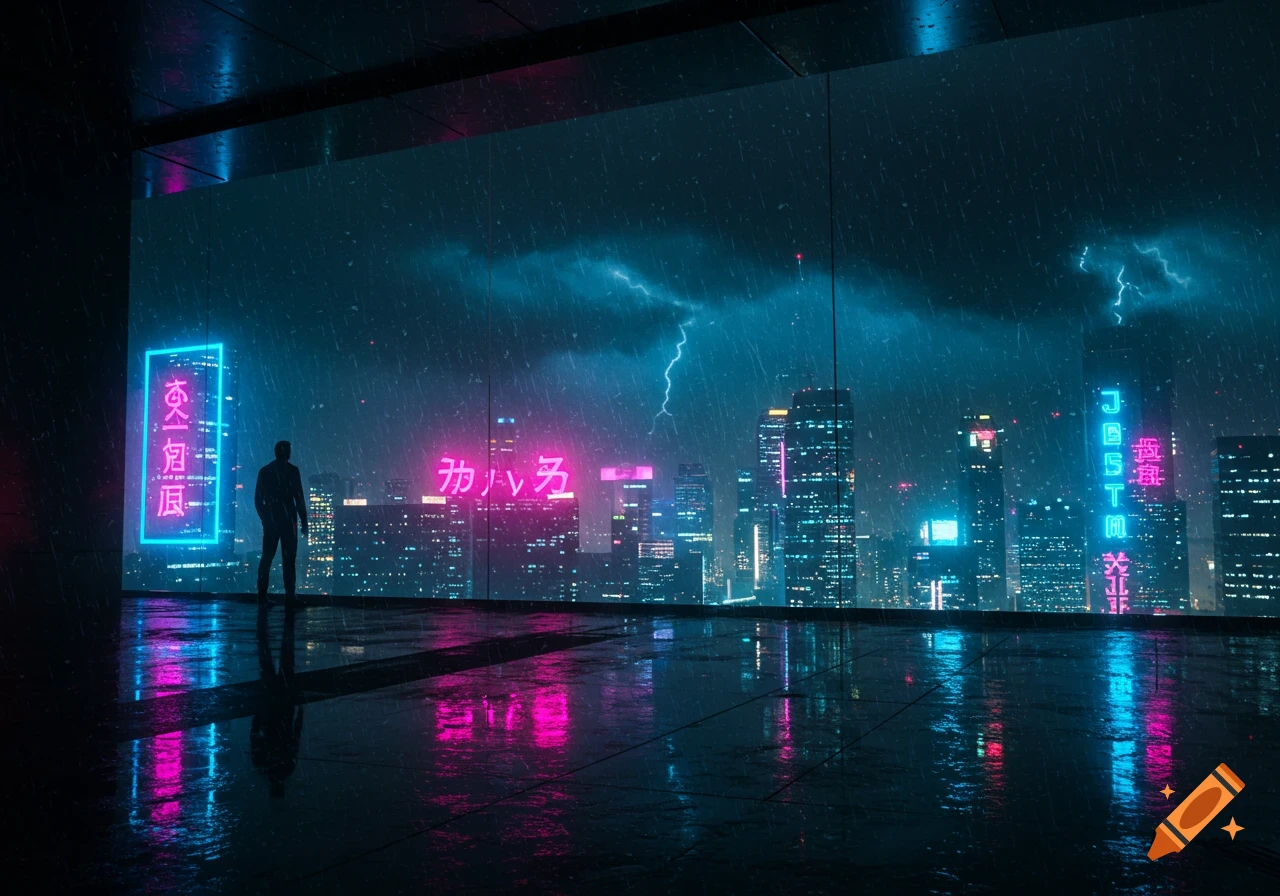 A lone figure looks out from a dark room at a neon-lit cyberpunk city skyline during a heavy rainstorm with lightning.
