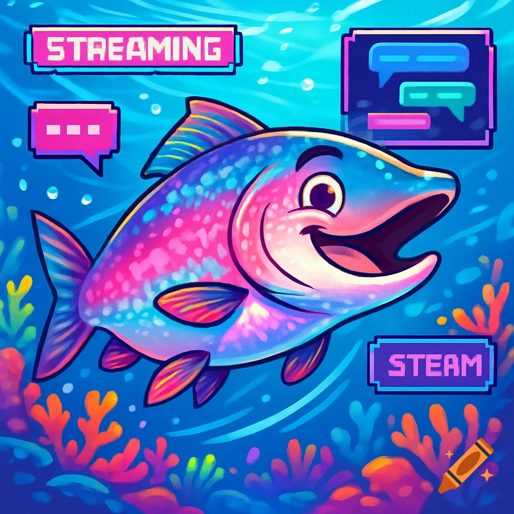 A vibrant cartoon salmon with pink and blue scales smiles underwater, surrounded by coral and pixelated text bubbles displaying "STREAMING" and "STEAM".