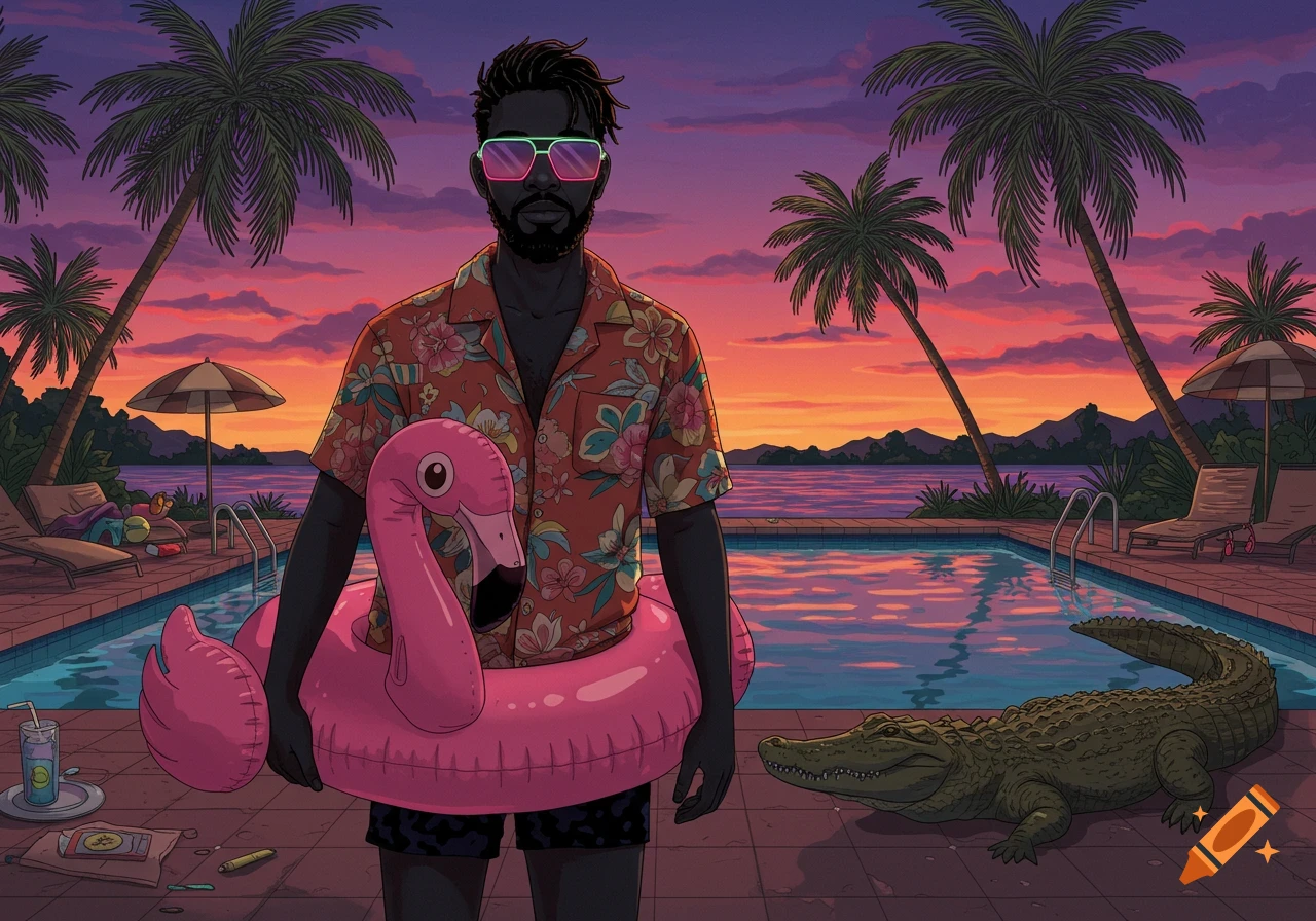A bearded man in a Hawaiian shirt and neon sunglasses holds a flamingo inflatable by a pool with an alligator and palm trees at sunset, digital art.