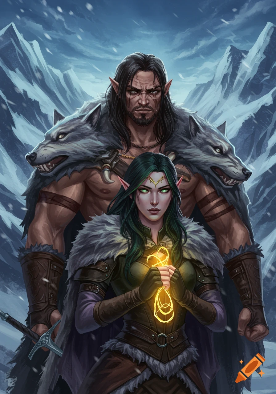 Fantasy illustration of an elf woman holding glowing golden threads, with a barbarian man behind her, in a snowy mountain landscape.