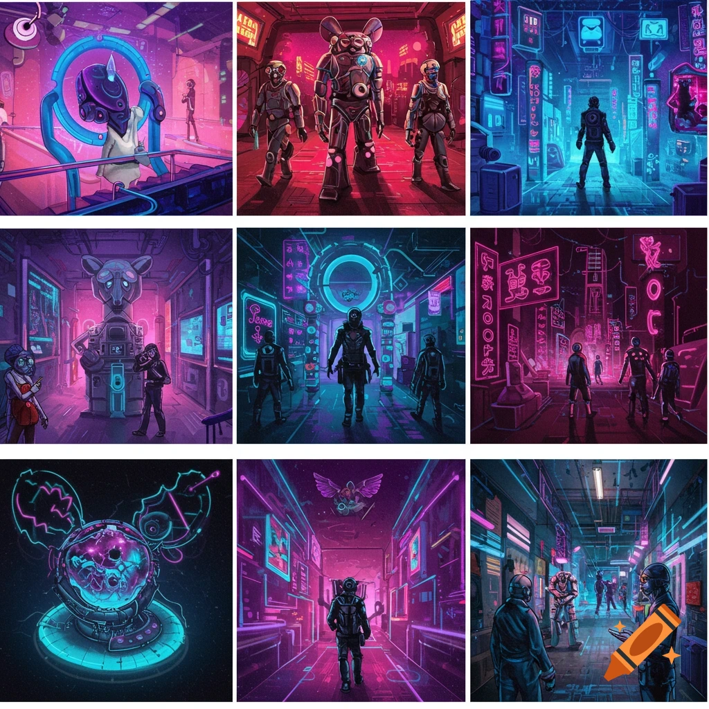 Nine vibrant cyberpunk-style drawings showcasing neon-lit cityscapes, robots, and figures in purple and blue hues.