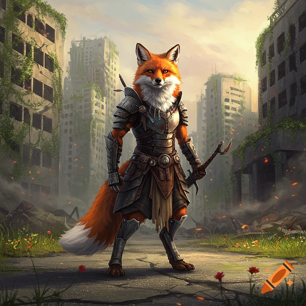 An anthropomorphic fox warrior in detailed armor stands in a ruined post-apocalyptic city, holding a weapon.