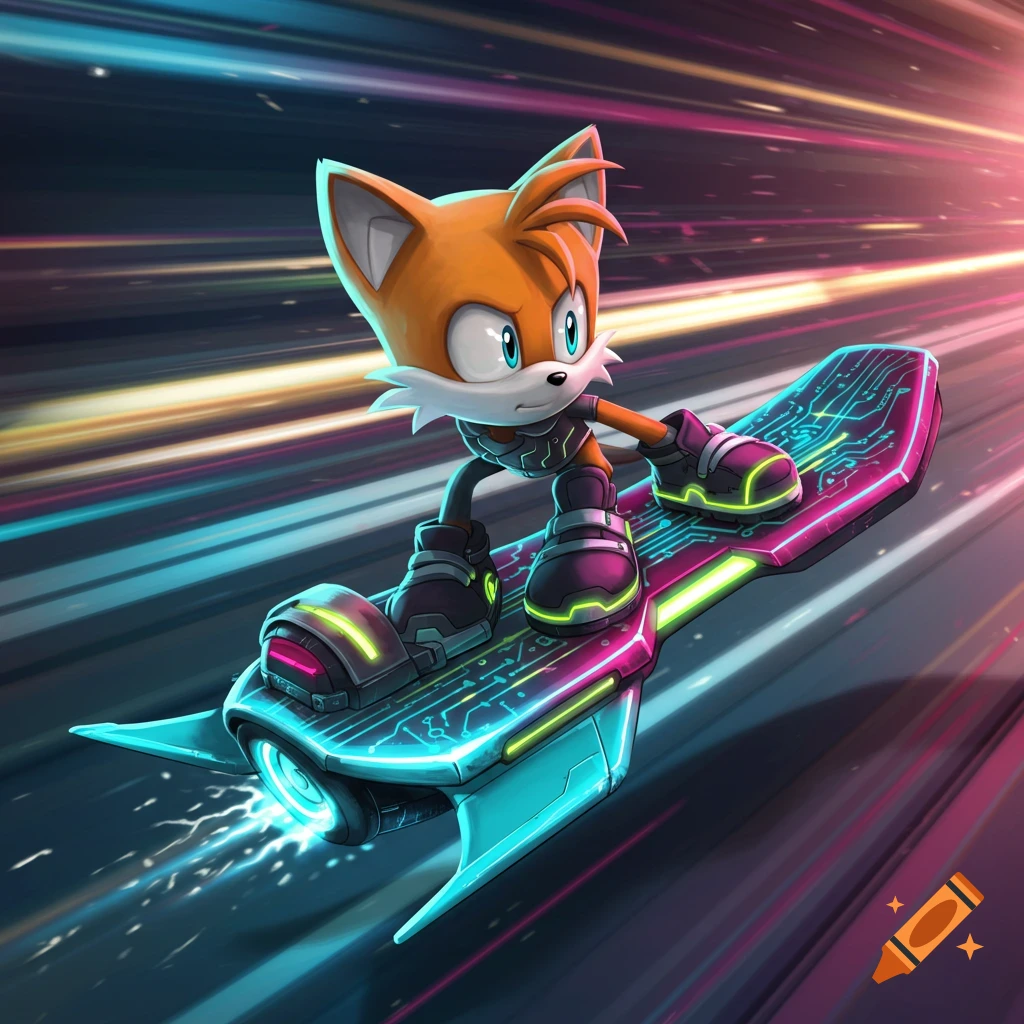 An orange fox character in Sonic style on a futuristic hoverboard with circuit patterns, speeding through a neon-lit environment.