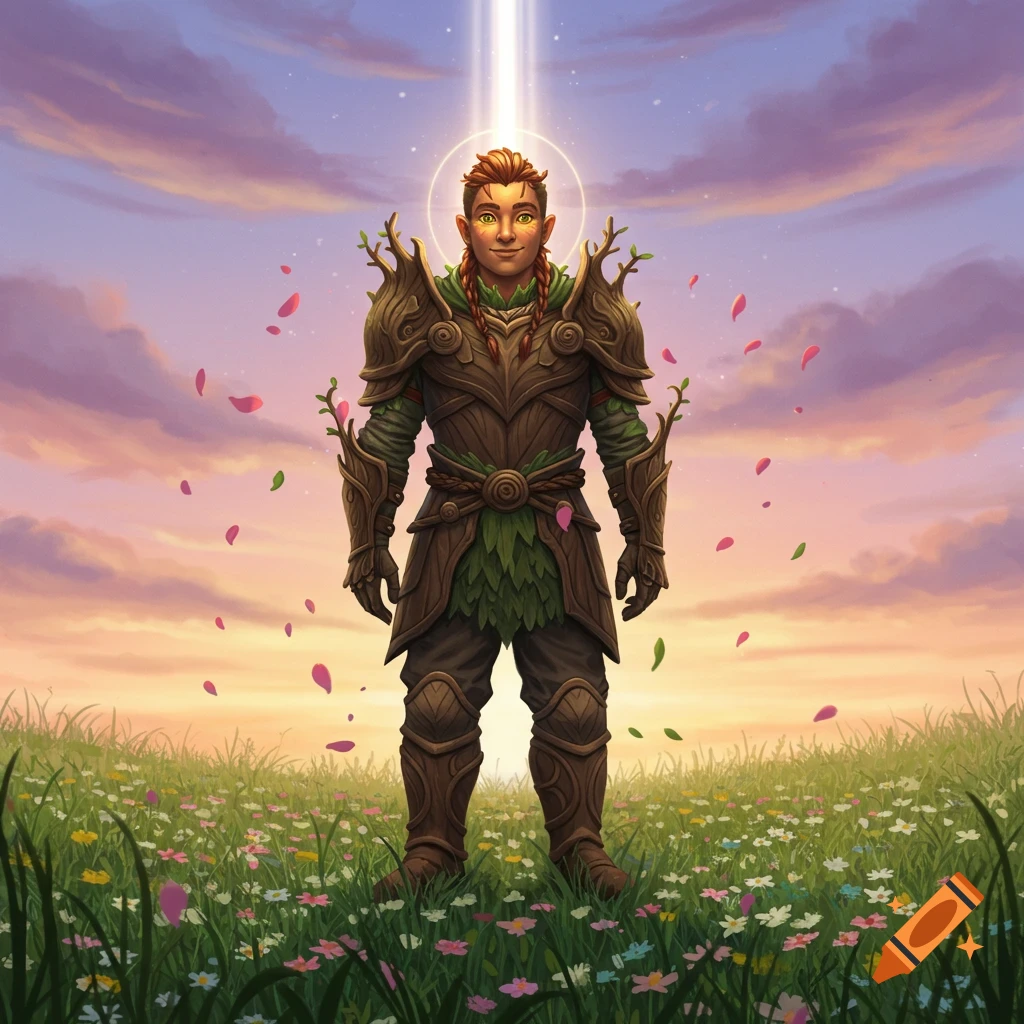 A fantasy warrior in nature-themed armor stands in a wildflower field under a colorful sky with rose petals falling, bathed in a divine light.