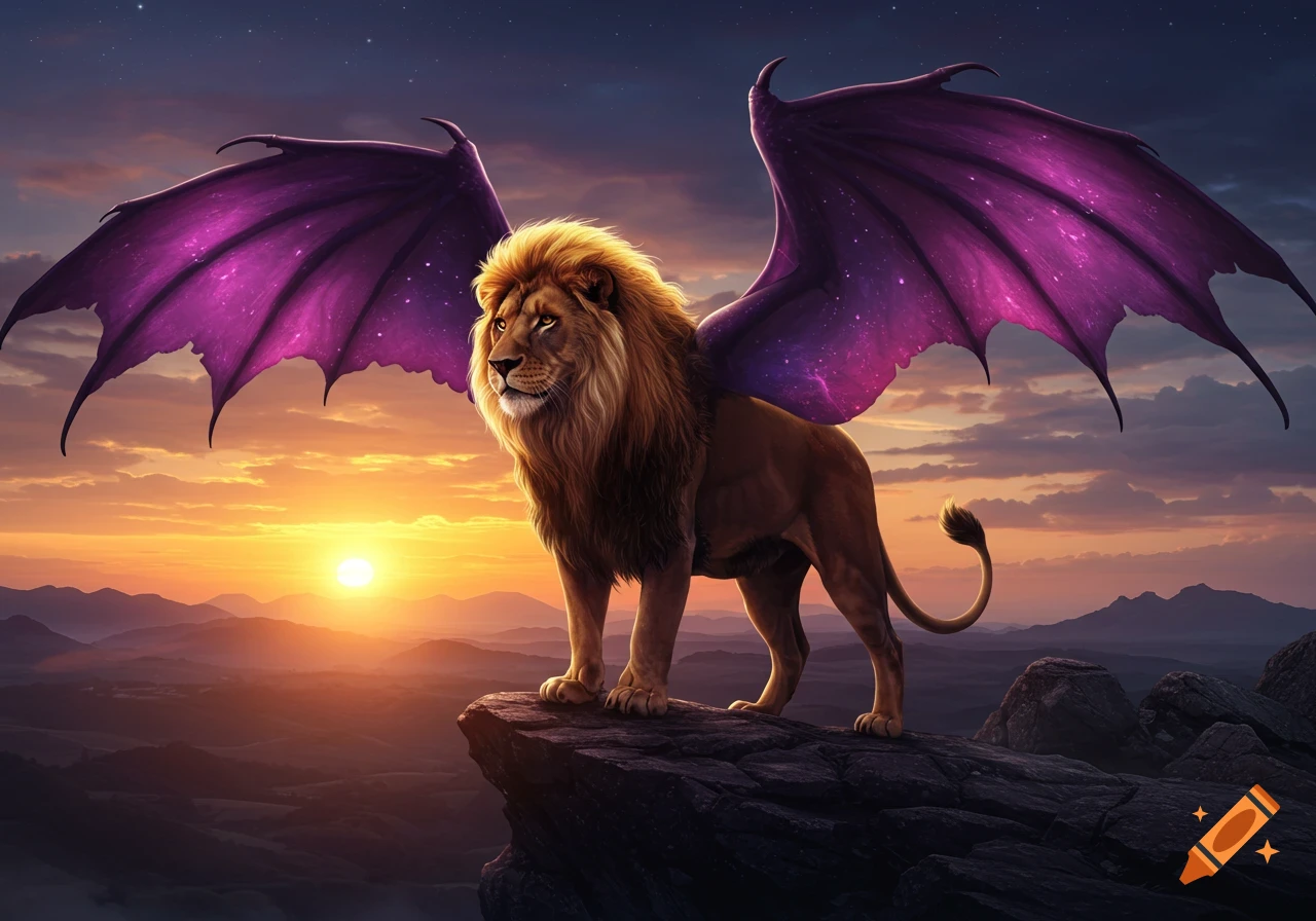 A majestic lion with golden mane and large, vibrant purple dragon wings stands on a rocky cliff overlooking a mountainous sunset.