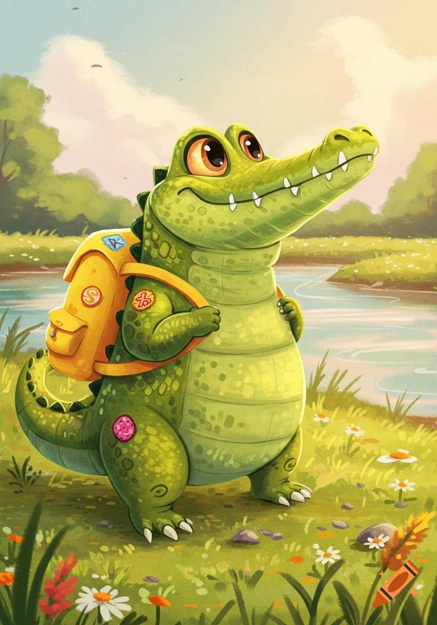 A cute green cartoon crocodile with large eyes and a yellow backpack stands by a river in a grassy field.