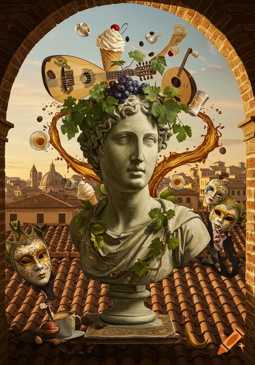 A classical bust adorned with grapes, mandolins, coffee, gelato, and Venetian masks, with an Italian city skyline.