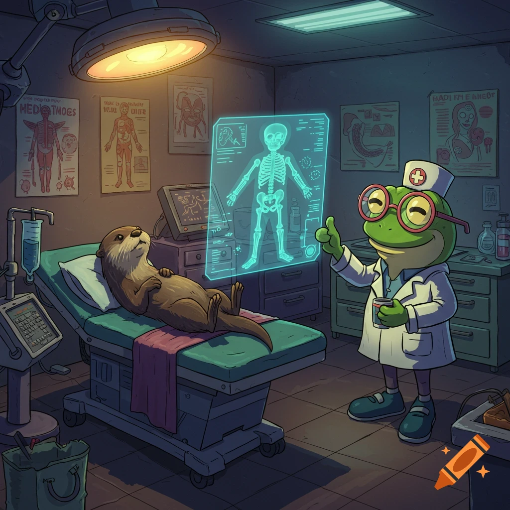 A cartoon otter lies on a hospital bed while a frog doctor in a lab coat points at a holographic X-ray of a skeleton.