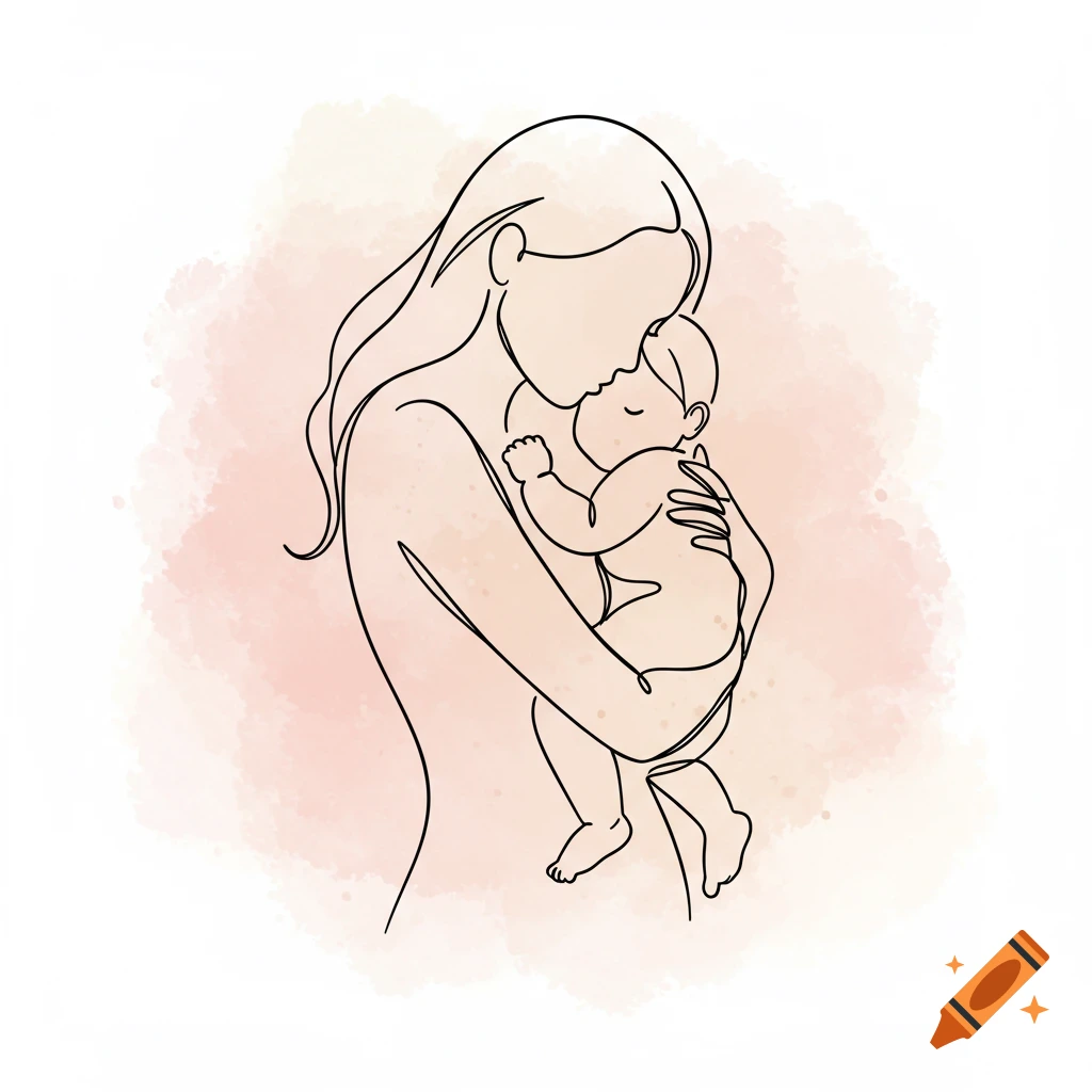 A minimalist line art illustration of a mother gently cradling her baby, set against a soft pink watercolor background.