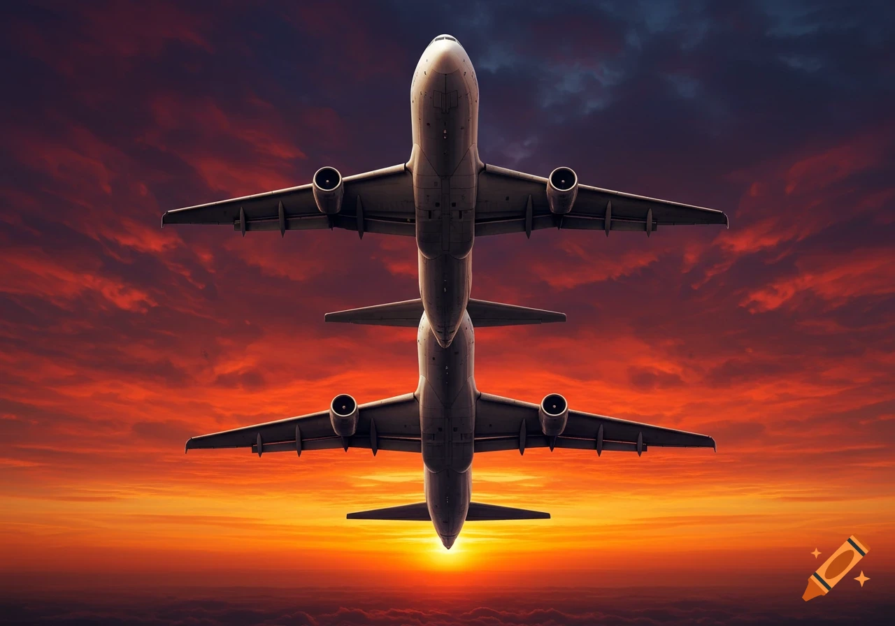 Two airplanes stacked vertically, viewed from below against a vibrant orange and red sunset sky.