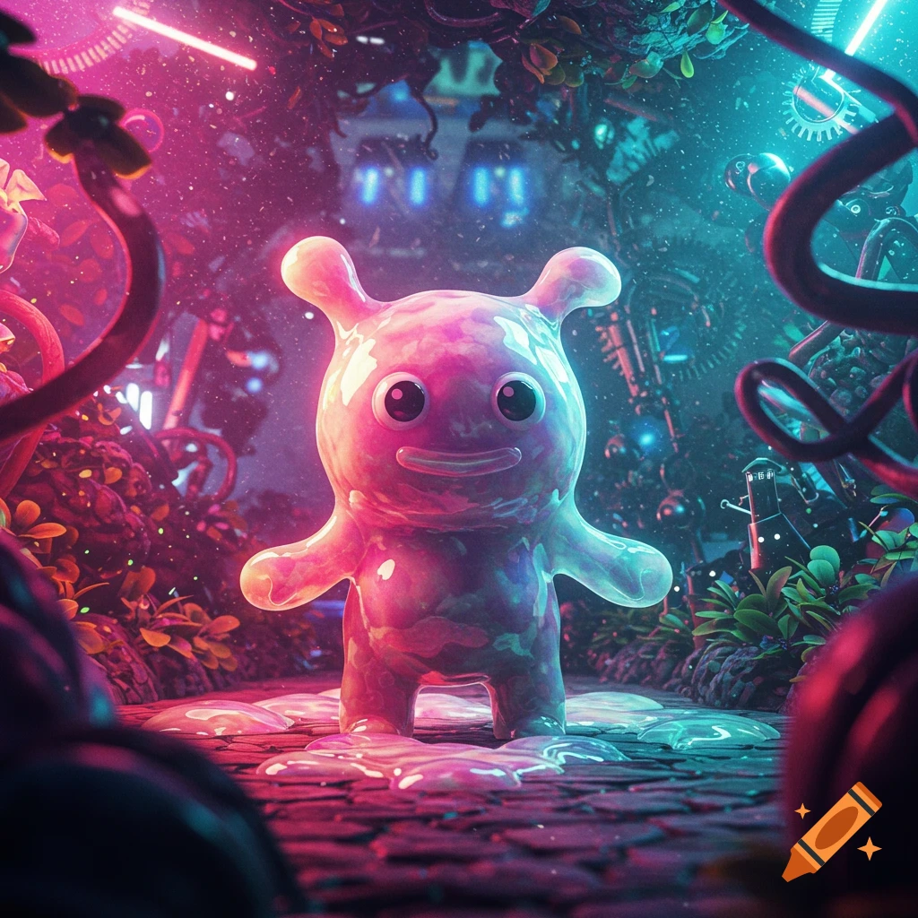 A pink and blue glowing goopy creature stands on a stone path in a vibrant, neon-lit fantasy jungle with technological elements.