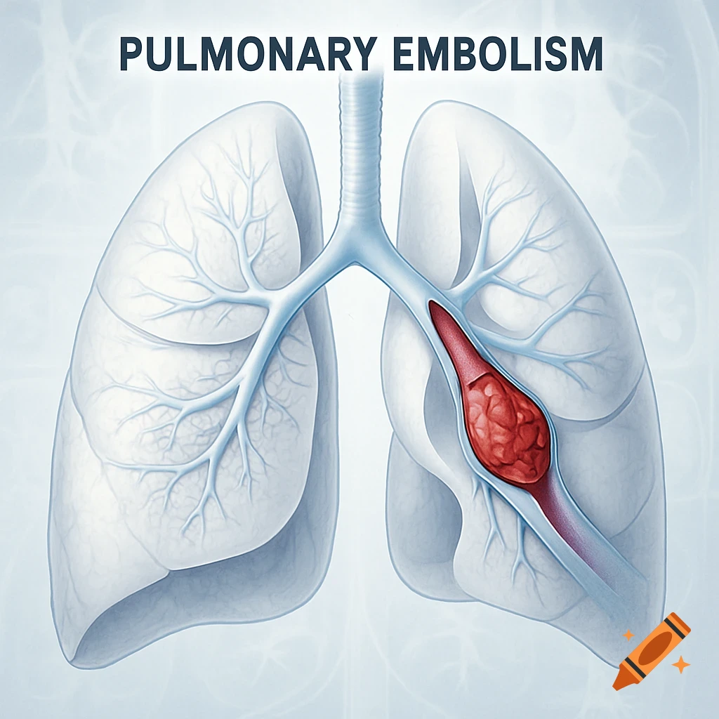 Medical illustration of human lungs with a red blood clot causing a pulmonary embolism in the right lung, labeled "PULMONARY EMBOLISM".