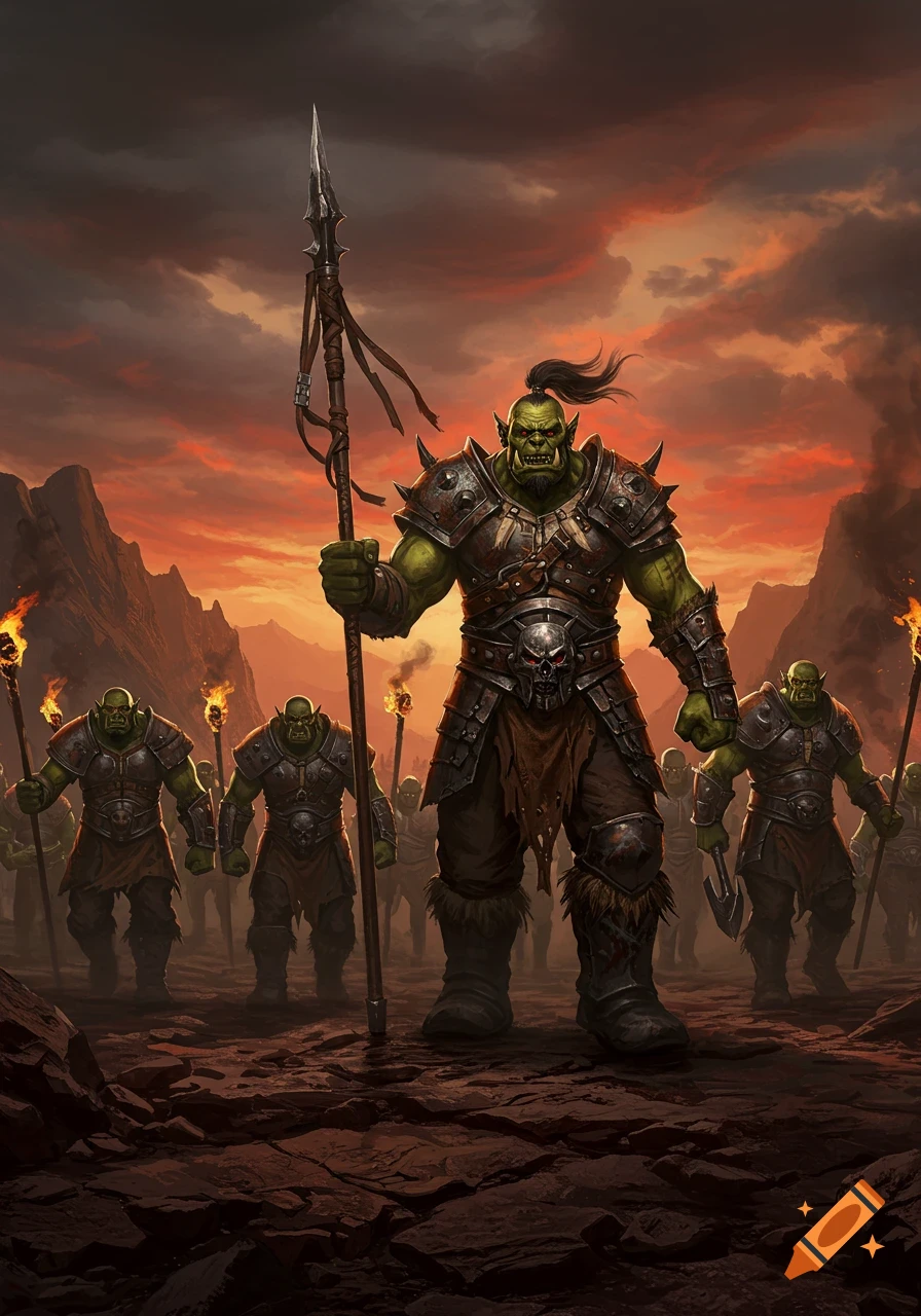 A horde of armored orc warriors, one prominent in the foreground holding a spear, march under a fiery red and orange sky.